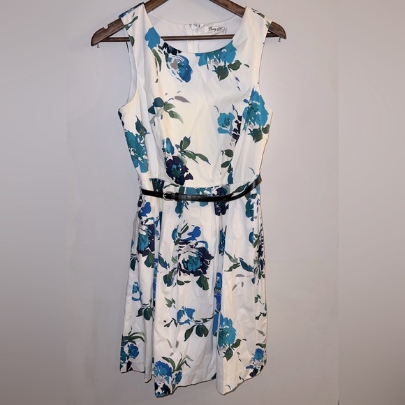 COREY P Women’s White & Blue Floral Print Sleeveless Belted Fit & Flare Dress - Picture 1 of 4